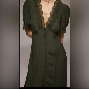 Zara Womens Size Medium Green Button Front Midi Dress with Lace Detail